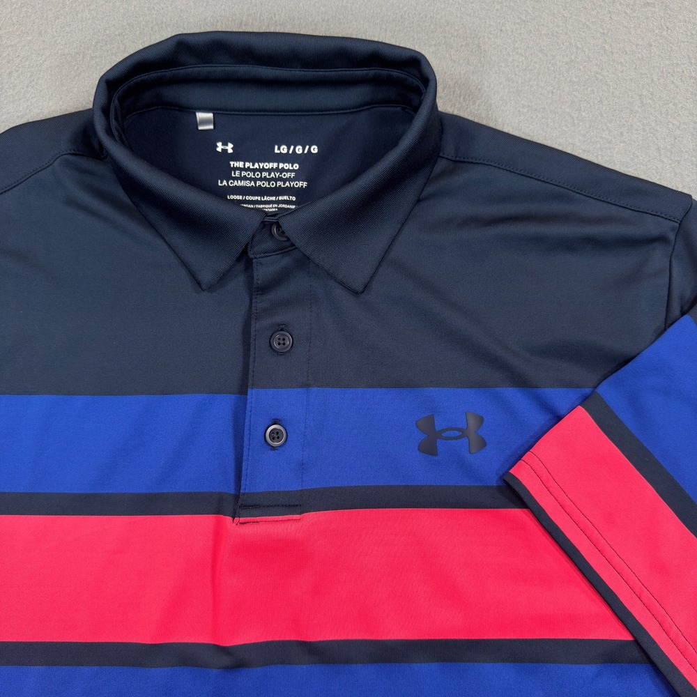 Under Armour Mens The Playoff Polo Shirt Large Navy Blue Pink Striped Golf Tee